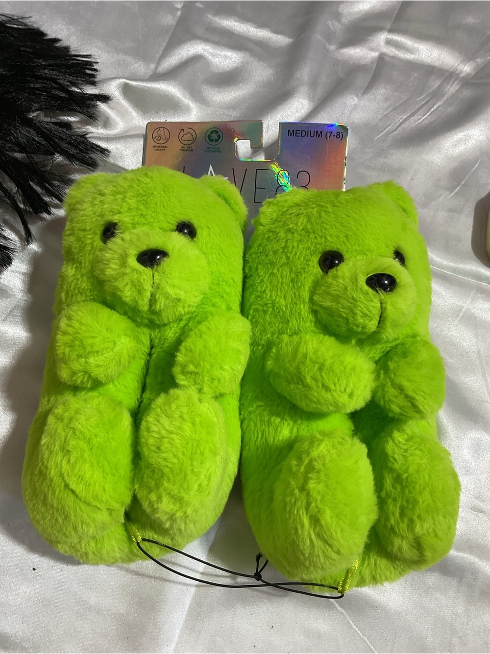 Love Bright Lime Green Plush Bear Slippers - Women's